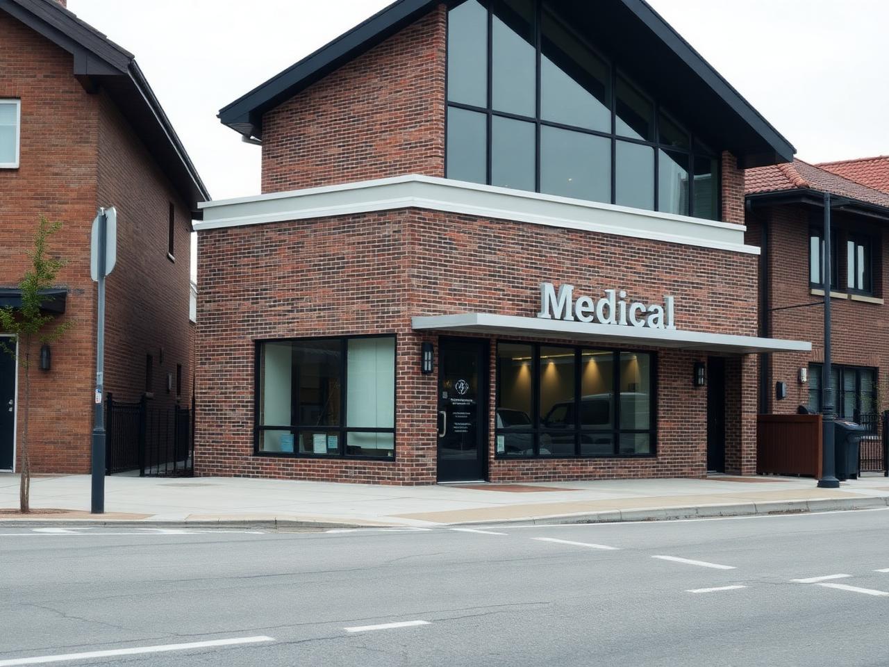 Small modern brick and glazed consulting building on a quiet suburban street under soft light.