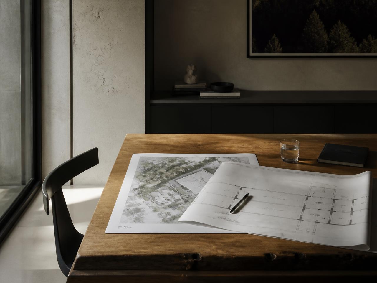 Commercial site plans and a marked-up floor plan laid out on a timber table in a quiet office, ready for review.