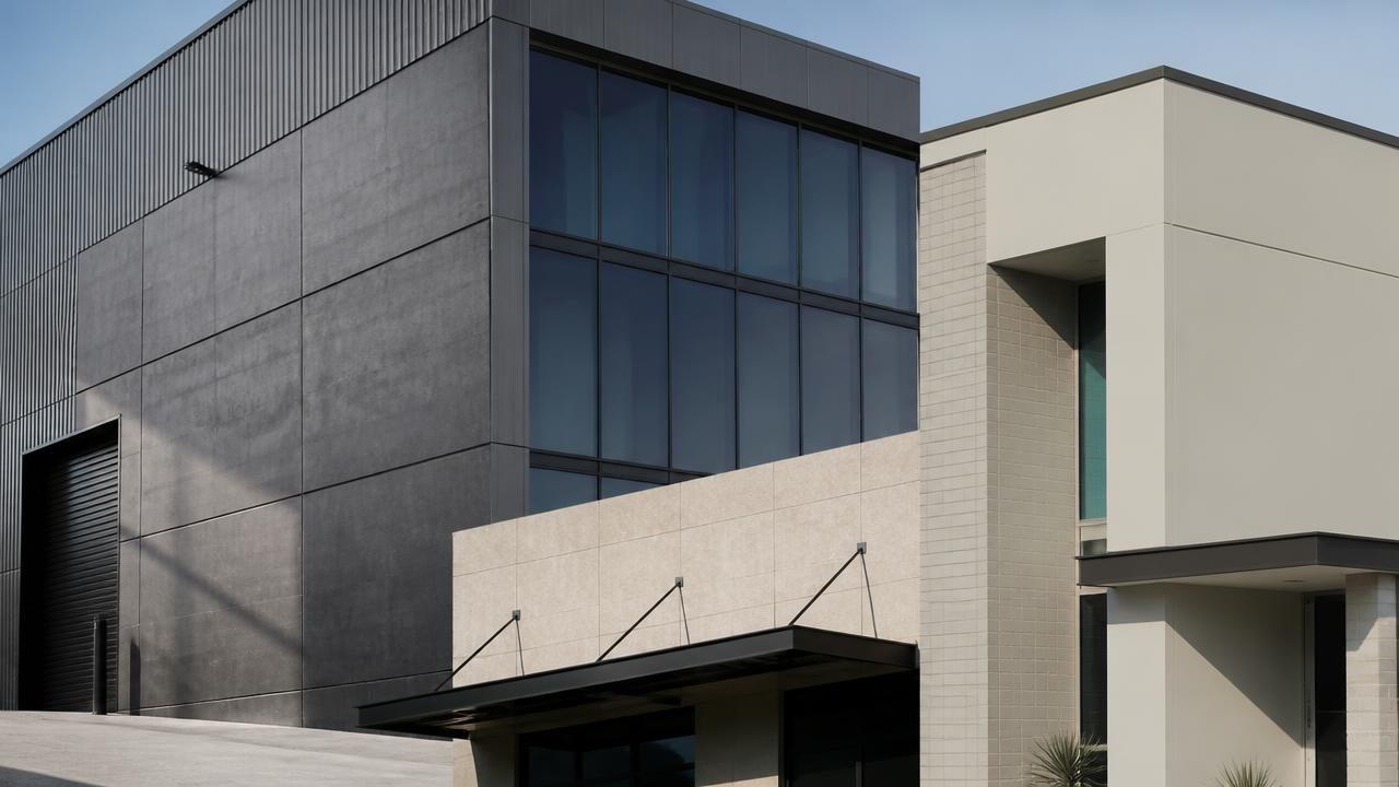 Adjacent commercial building facades — dark tilt-panel warehouse, glazed office volume and a limestone-clad tenancy entry.