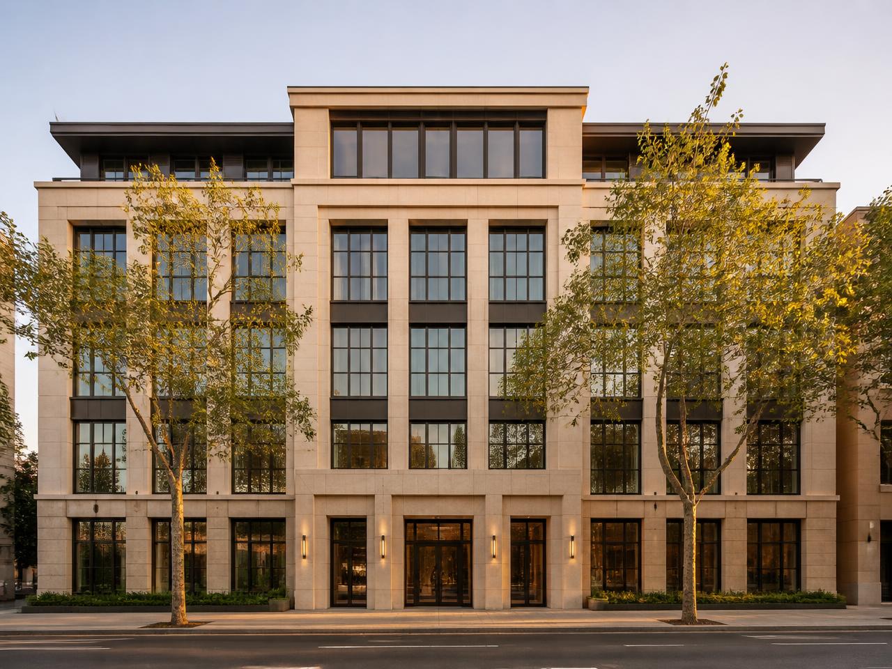 Premium commercial office facade with limestone and bronze detailing.