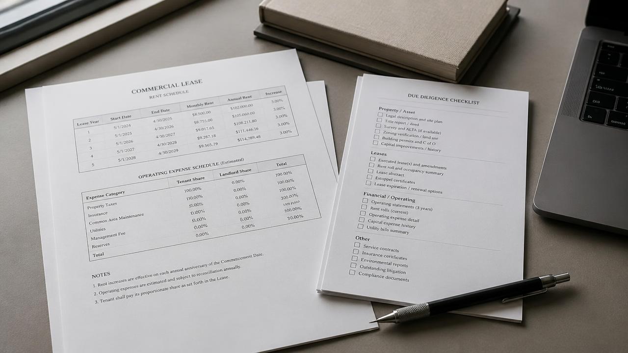 Printed commercial lease rent schedule and a due diligence checklist laid out on a desk beside a mechanical pencil.