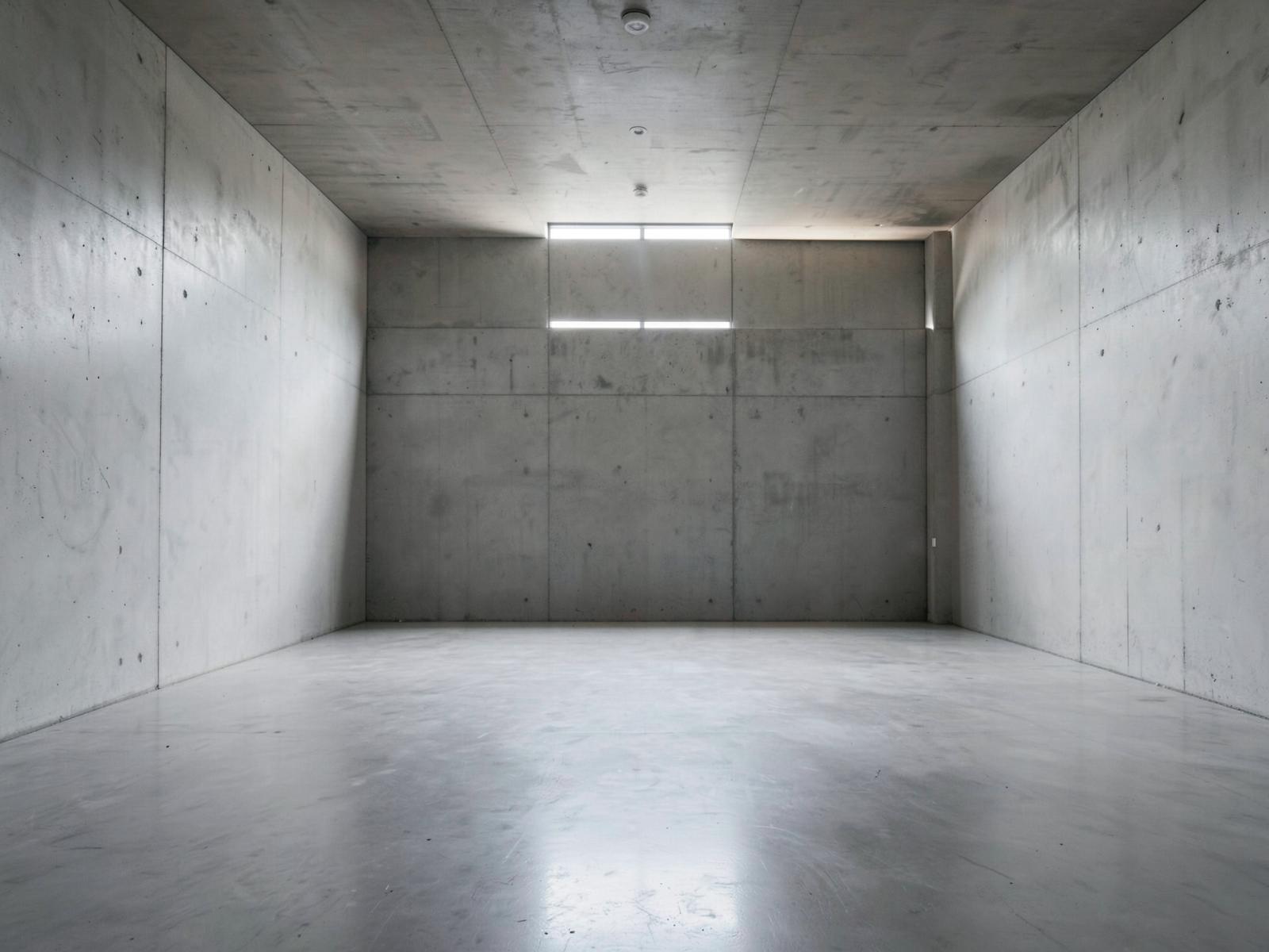Empty concrete warehouse interior lit by a high window band.