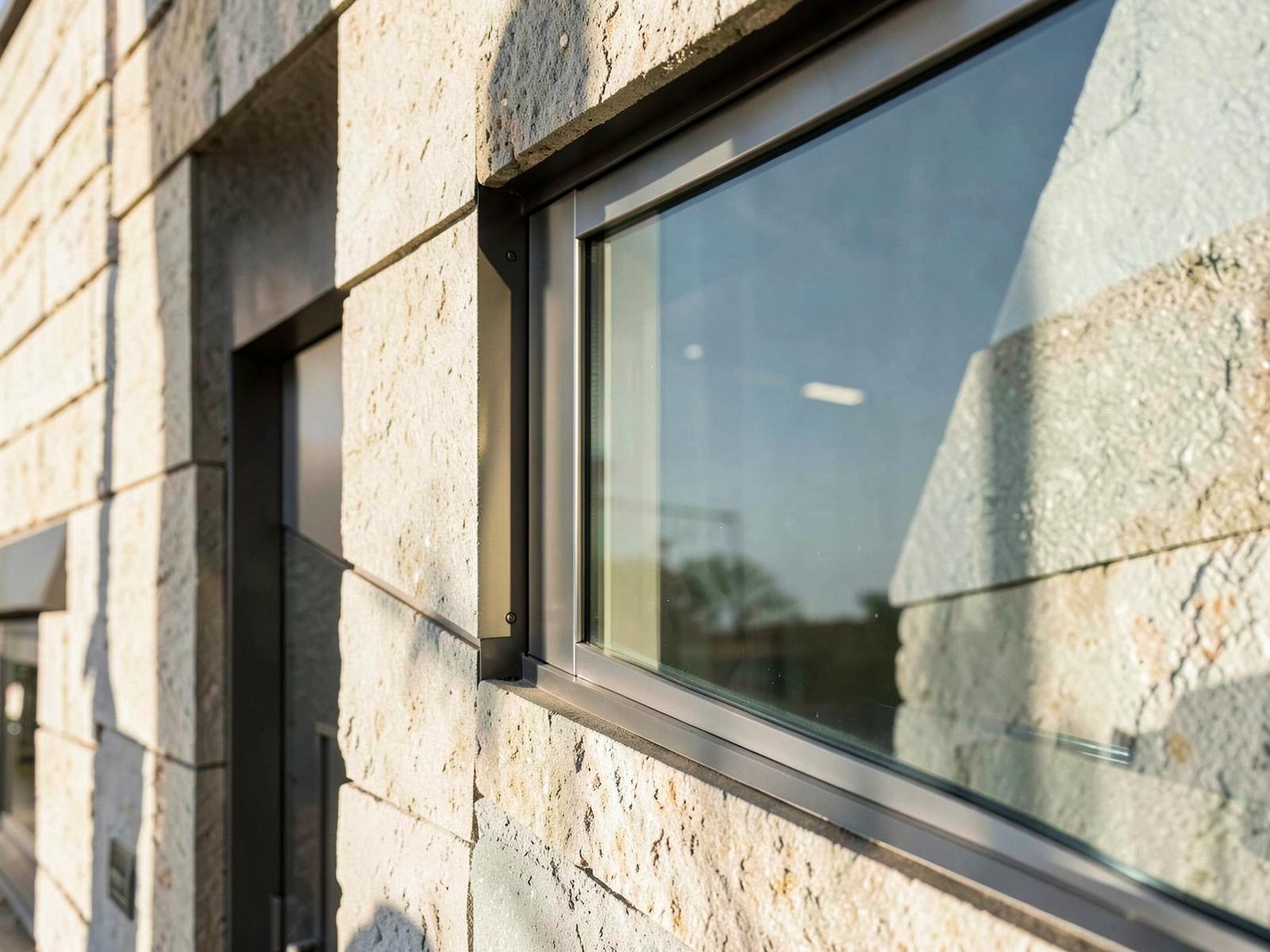 Detail of window framing meeting stone cladding on a commercial façade.