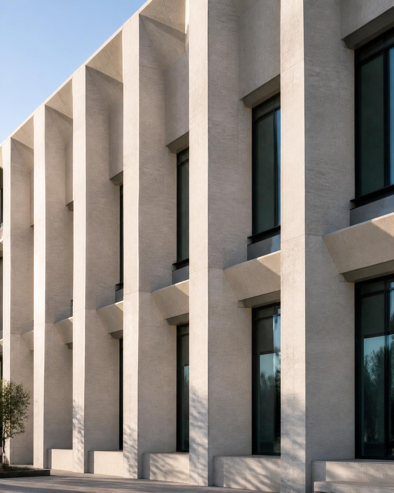 Repeating precast concrete structural bays of a commercial building in daylight.