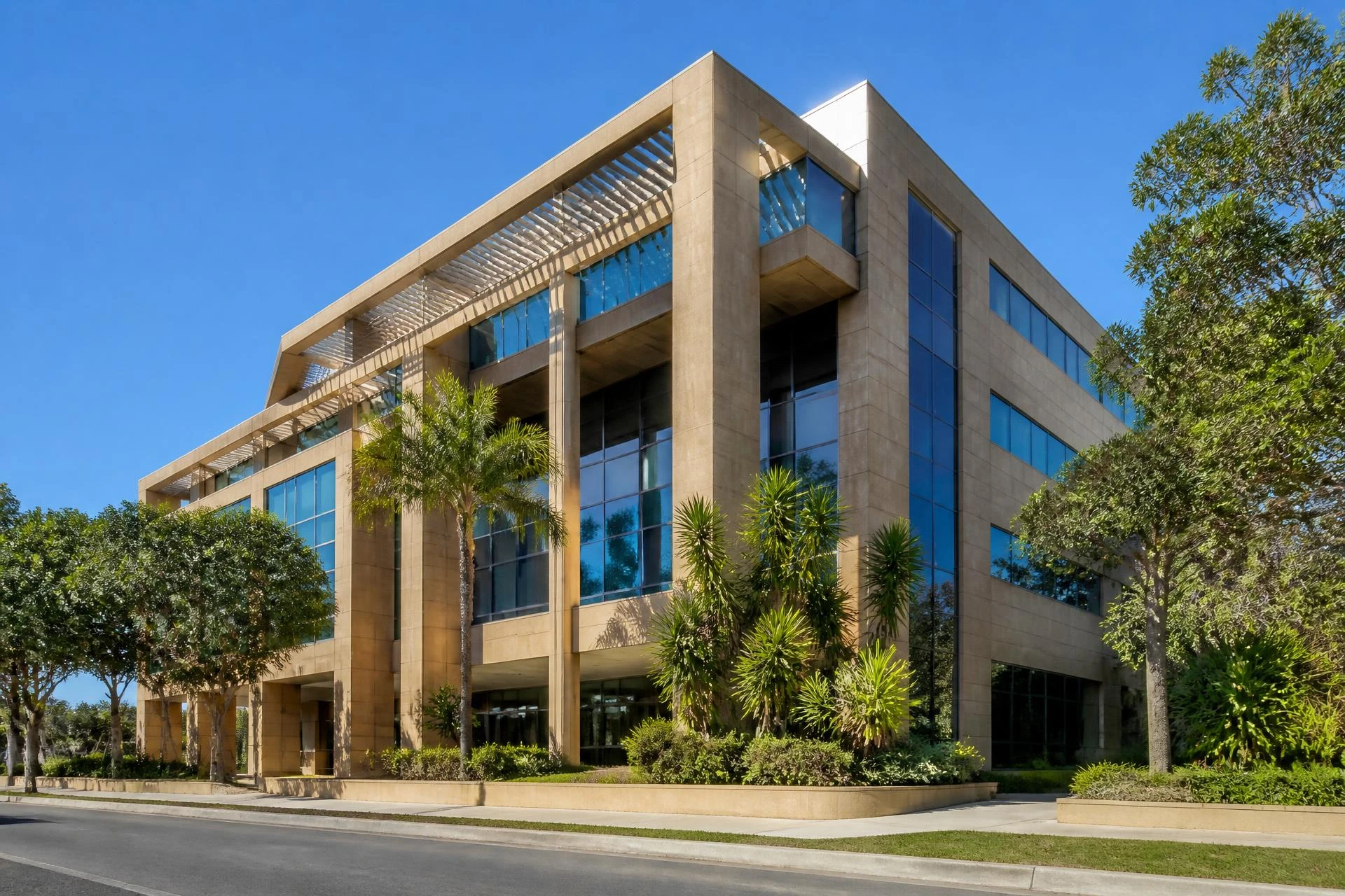 Modern commercial office building with subtropical landscaping in Brisbane