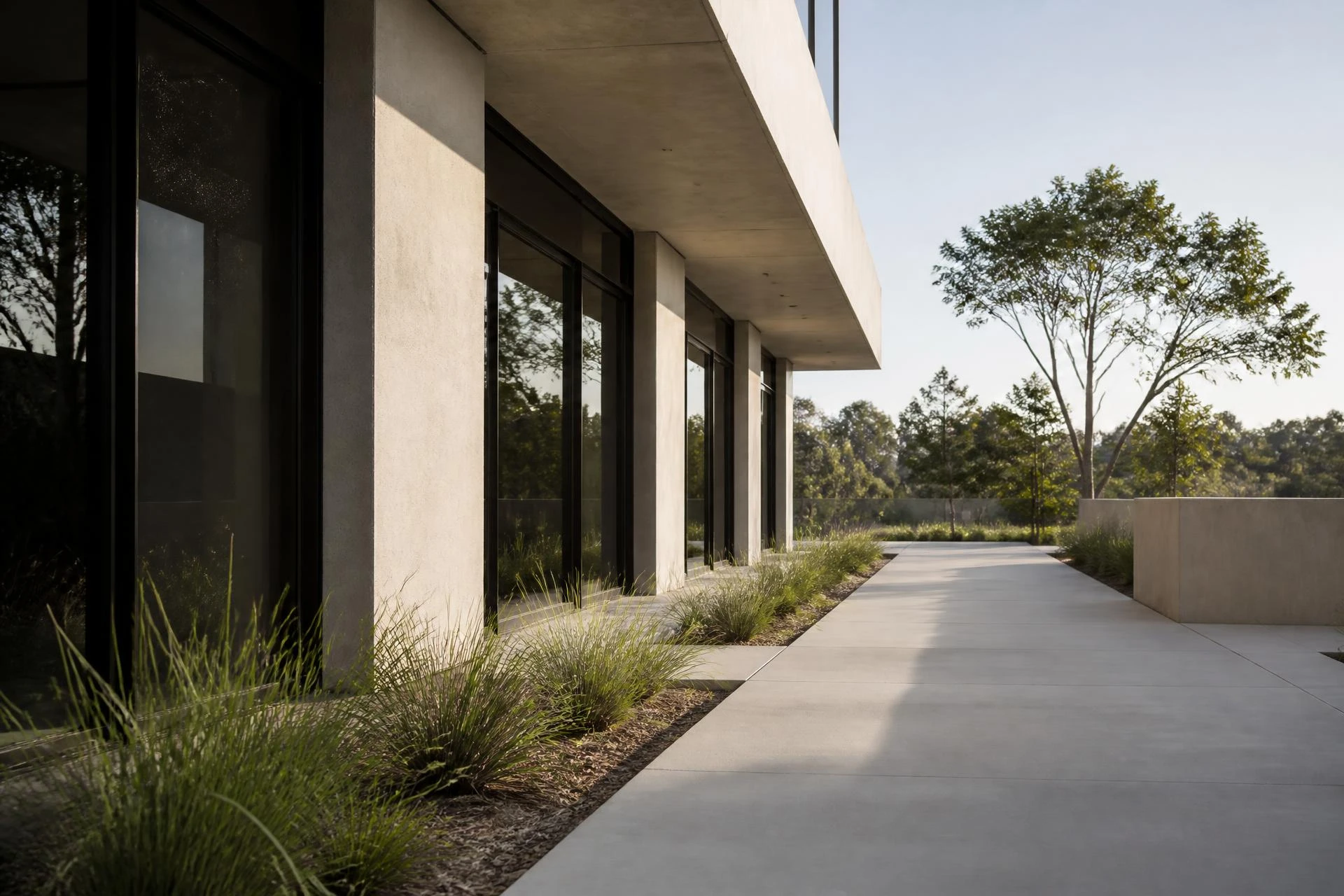 Modern commercial building exterior with concrete and glass facade