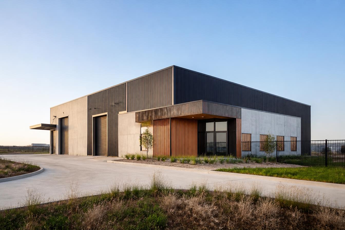 A single modern commercial warehouse building standing alone in an open landscape.