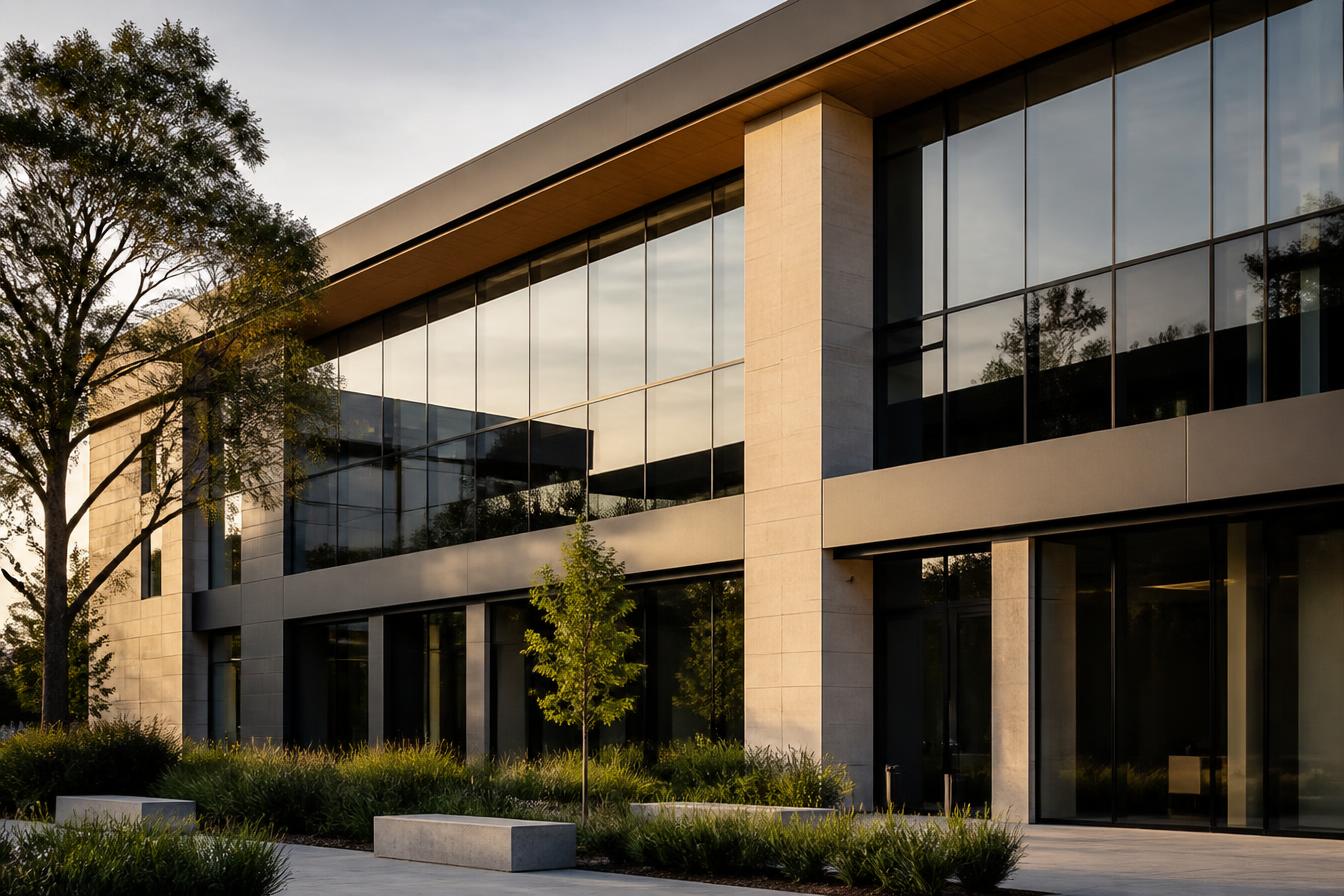 A modern commercial building facade with warm afternoon light.