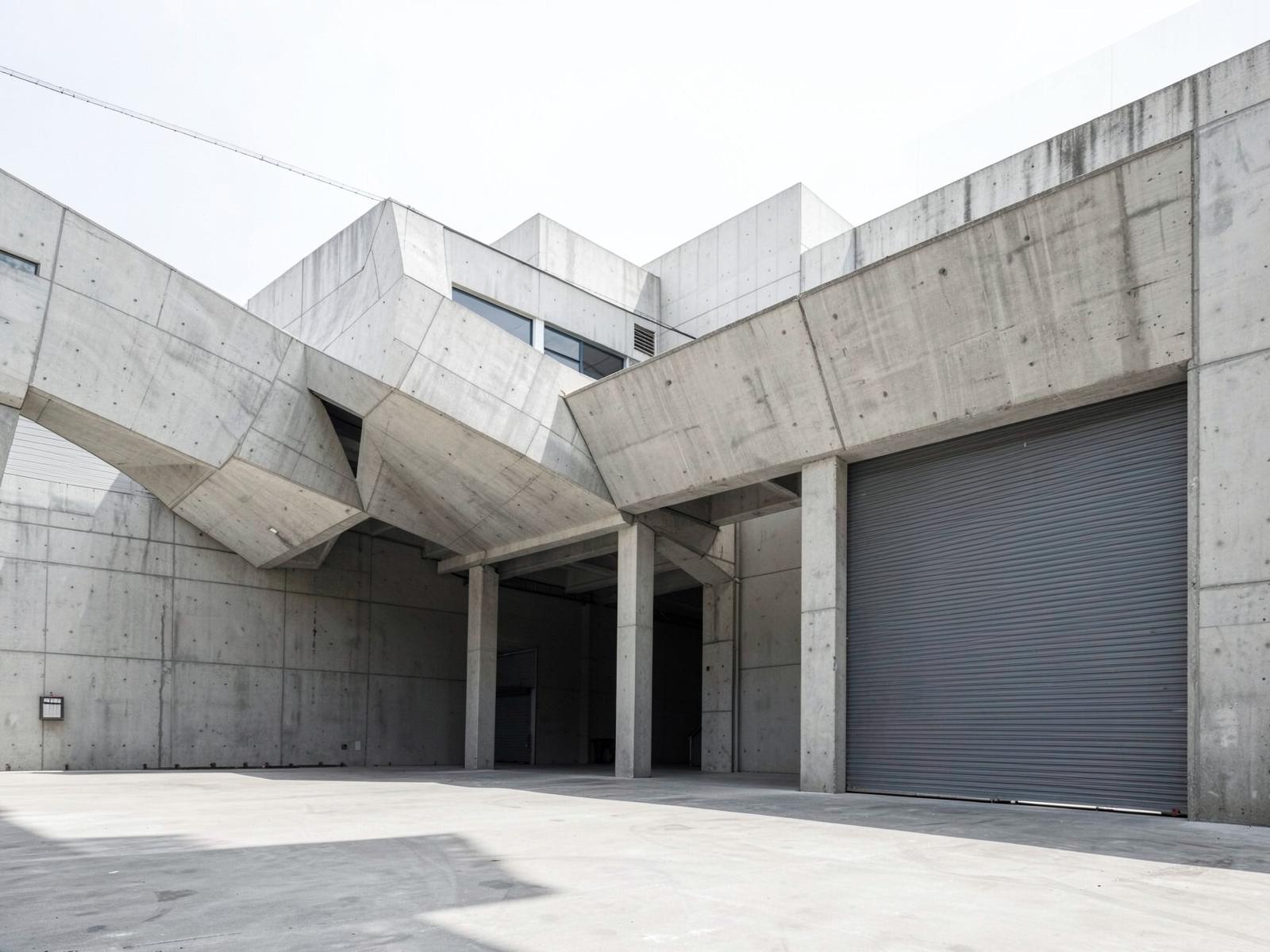High clearance warehouse with concrete panels and a wide roller shutter.