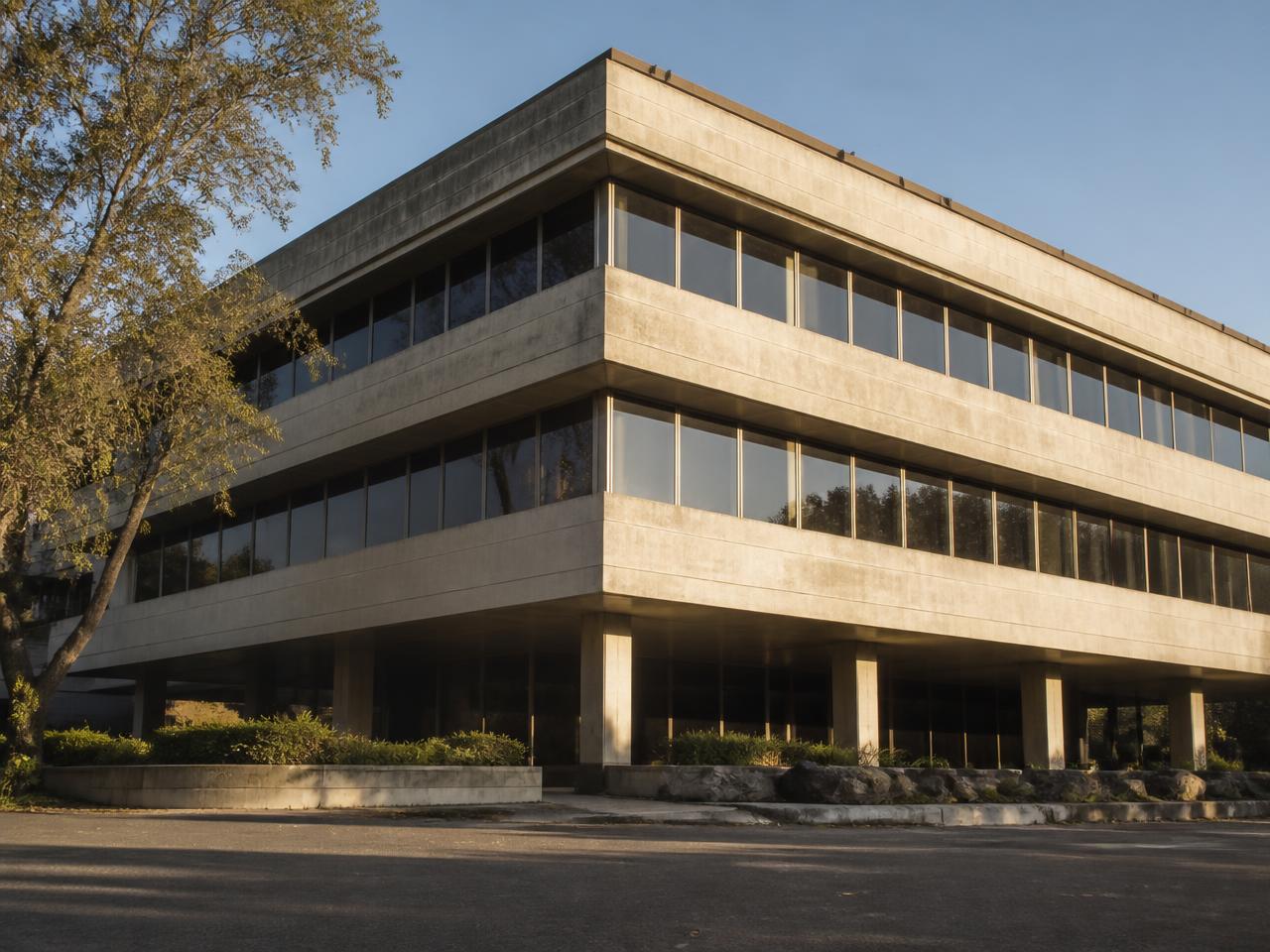 Ageing mid-century commercial building with strong horizontal banding.