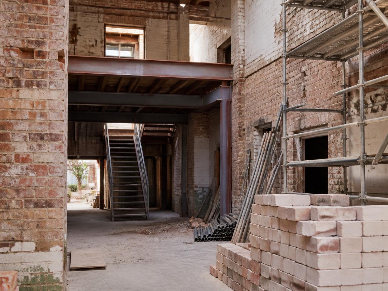 A commercial property under refurbishment with exposed brick and scaffolding