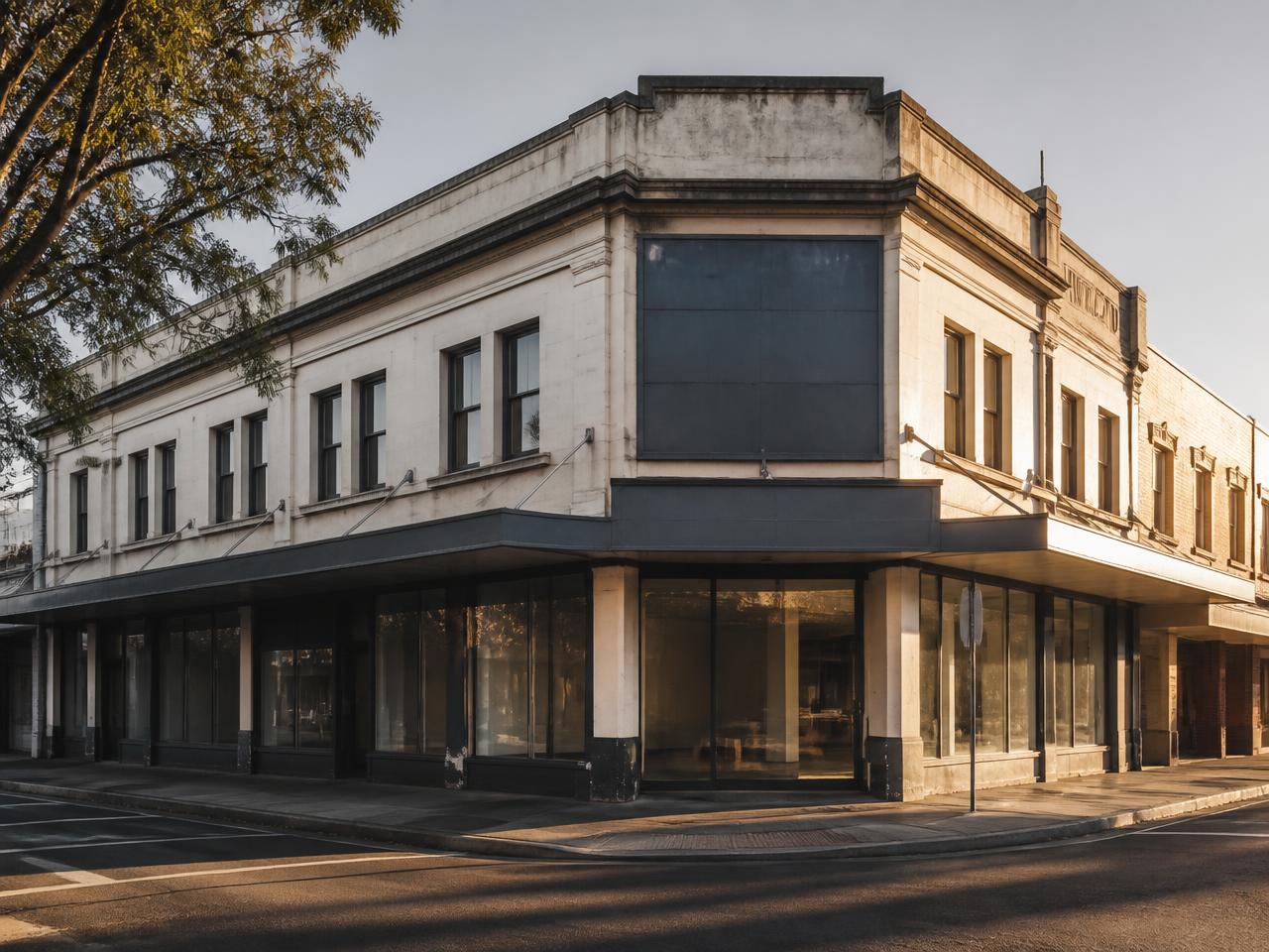 Corner commercial building with worn facade and vacant ground floor, late afternoon light.